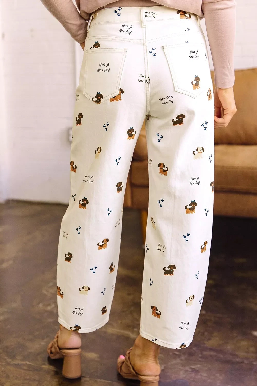 Abstract Dog Print Wide Leg Jeans