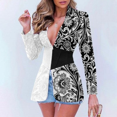 Women's Printed Contrast Color Lapels Blazer (See size chart where applicable)