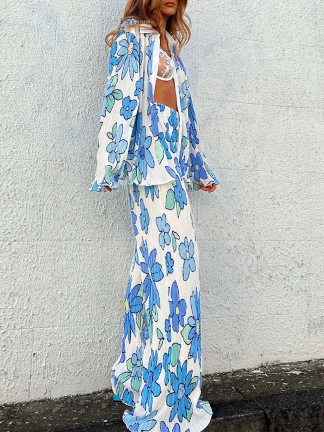 Printed Button Up Shirt and Pants Set