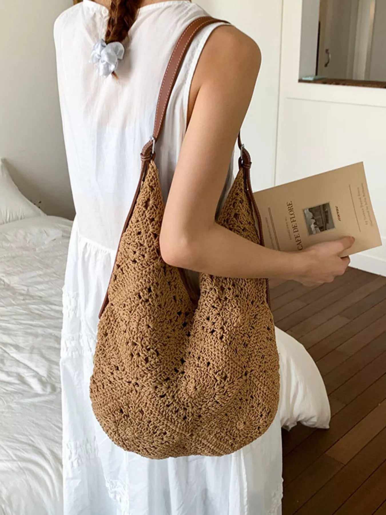 Crochet Shoulder Bag with Leather Straps