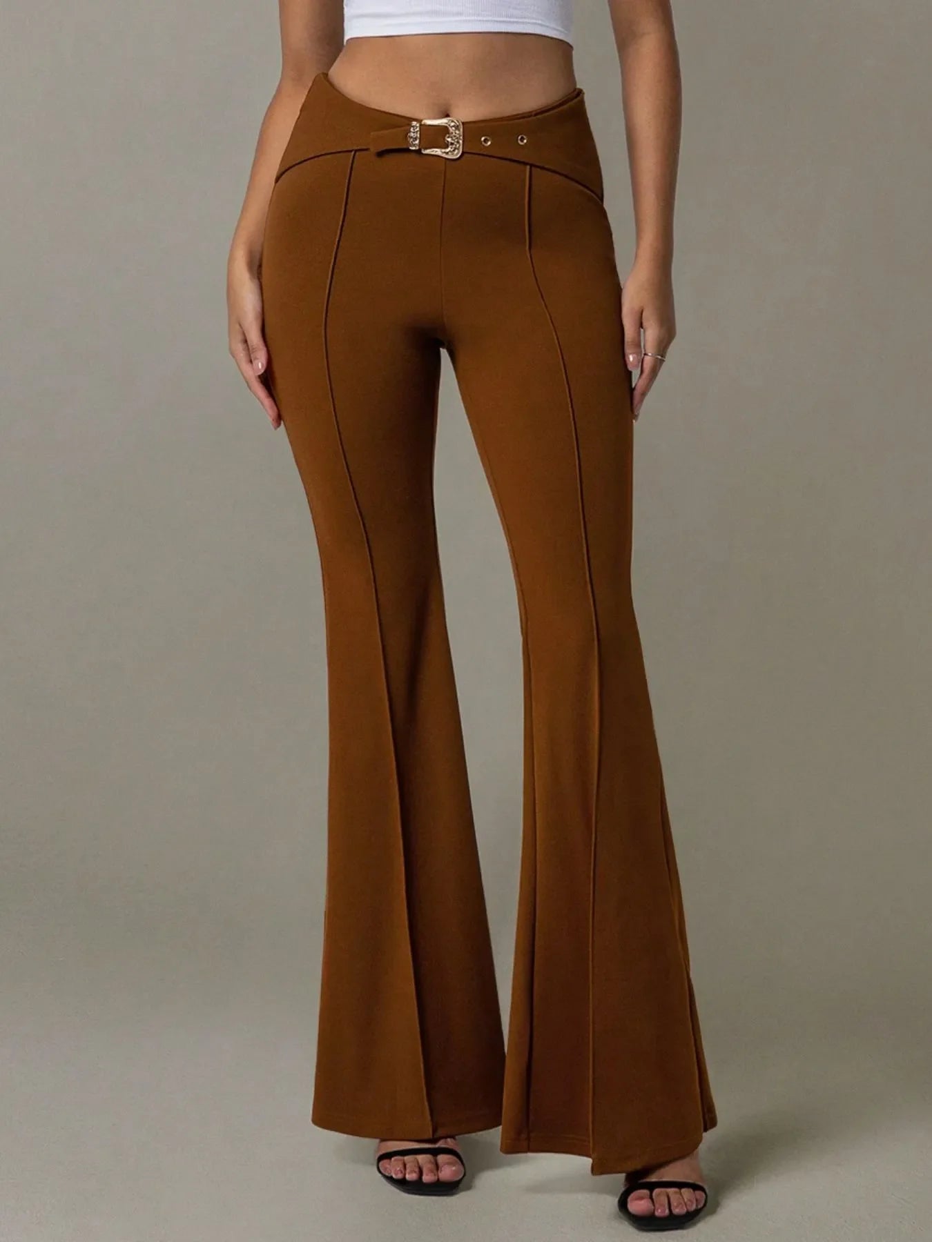 High Waist Flare Pants with Buckle Belt