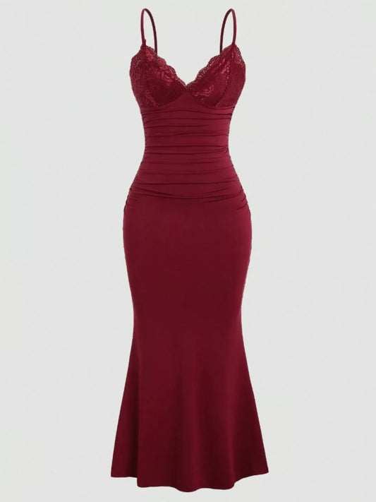 Lace Trim Ruched Mermaid Dress