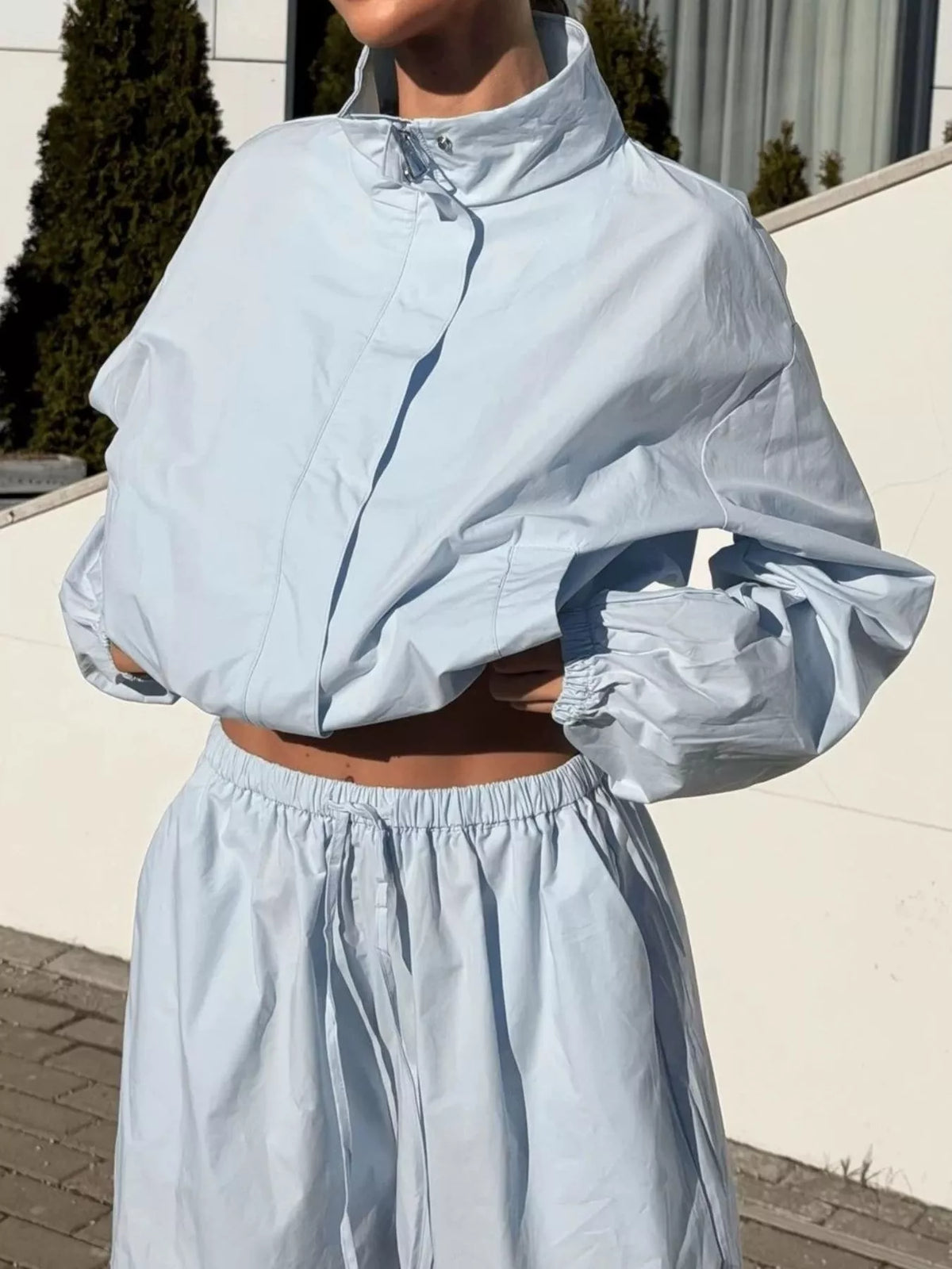 Drawstring Hem Crop Jacket and Wide-Leg Pant Set