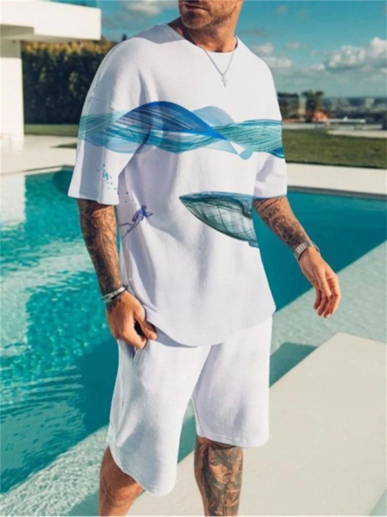 Men's Full Size Contrast Short Sleeve Top and Shorts Set Plus Size