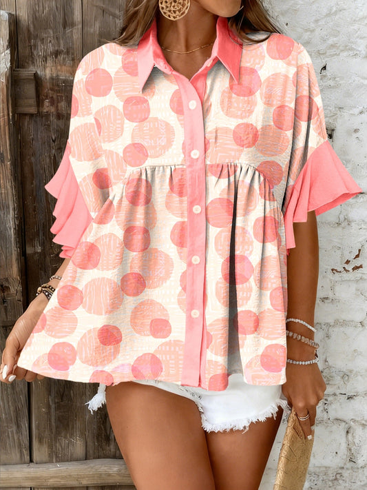 Double Polka Dot Printed Ruffle Trim Short Sleeve Babydoll Shirt
