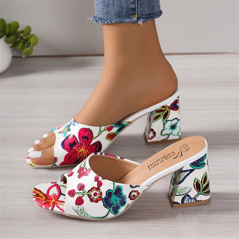 Printed Block Heels Sandals