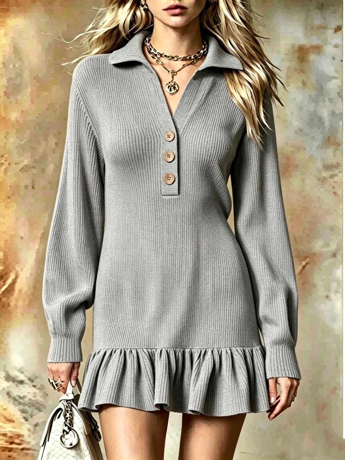 Ribbed Knit Polo Dress | Ruffle Hem Mini | Button-Neck Long Sleeve Dress