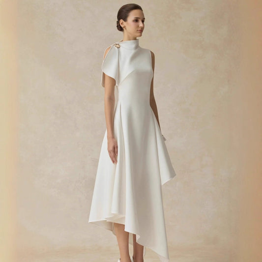Asymmetric Draped Shoulder Hi-Lo Formal Dress(MS416)