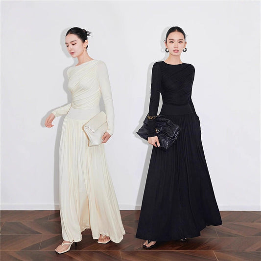 Asymmetric Ruched Knit Dress with Pleated Skirt (MS343)