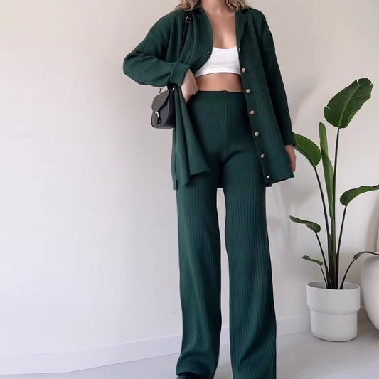Autumn Winter Knit Two-Piece Set | Button-Up Collar Top & Elastic Waist Pants(MS125)