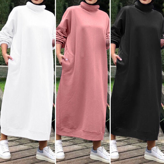 Autumn Winter  Lined Turtleneck Maxi Dress | Casual Sweatshirt Dress with Elastic Cuffs (MS138)