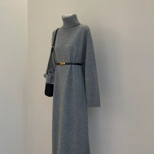 Autumn Winter Turtleneck Knit Maxi Dress | Elegant Lazy Style Grey Long Sleeve Sweater Dress(MS131)