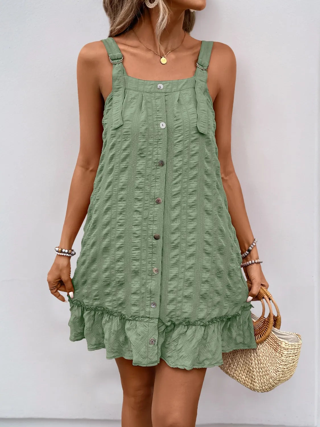 Ruffled Hem Adjustable Strap Square Neck Dress