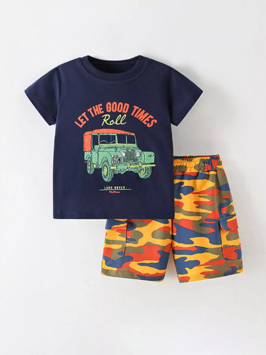 Children's Cartoon Graphic Tee & Camo Shorts Set