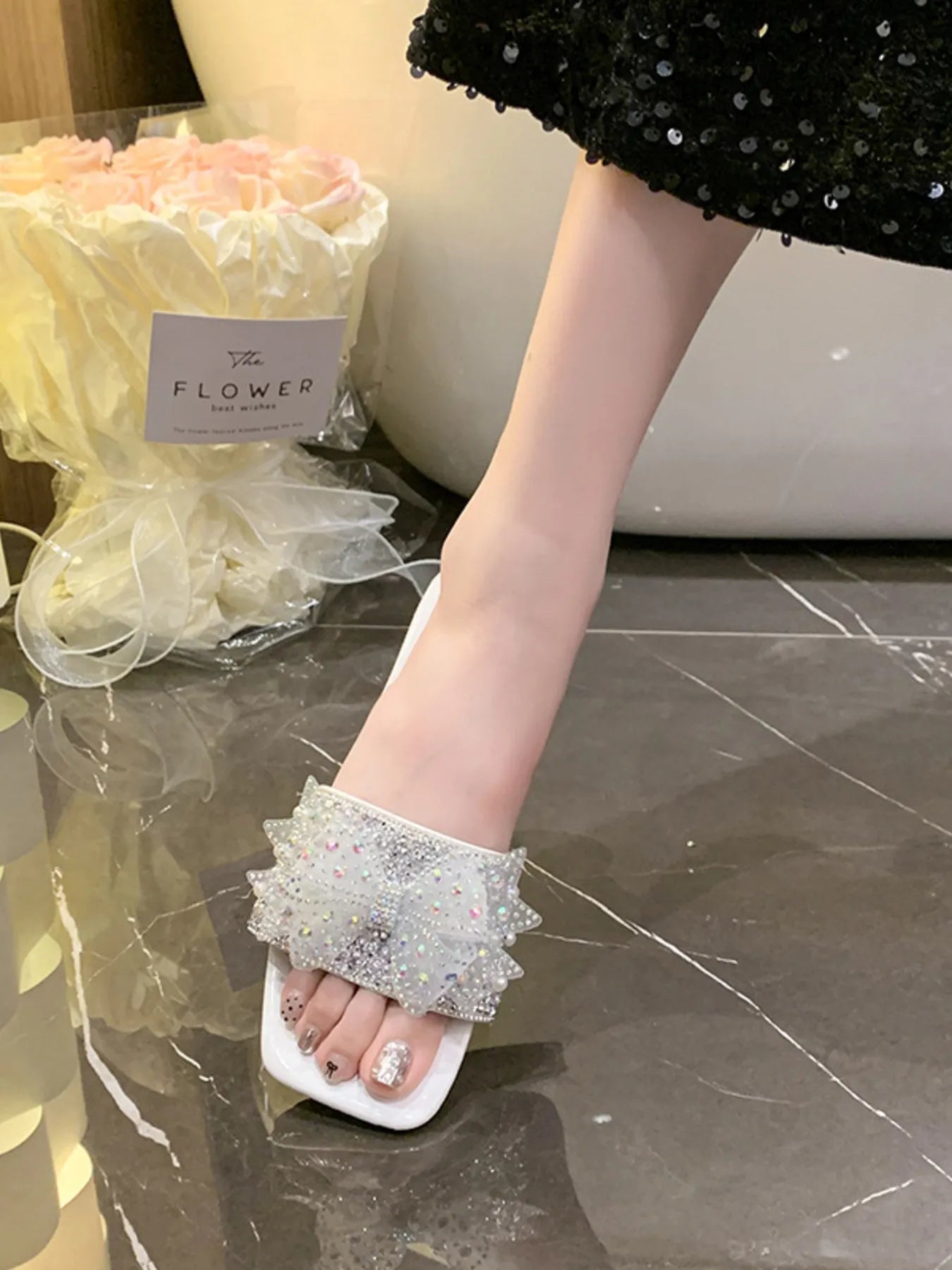 Rhinestone Embellished Flats Slip-On Sandals