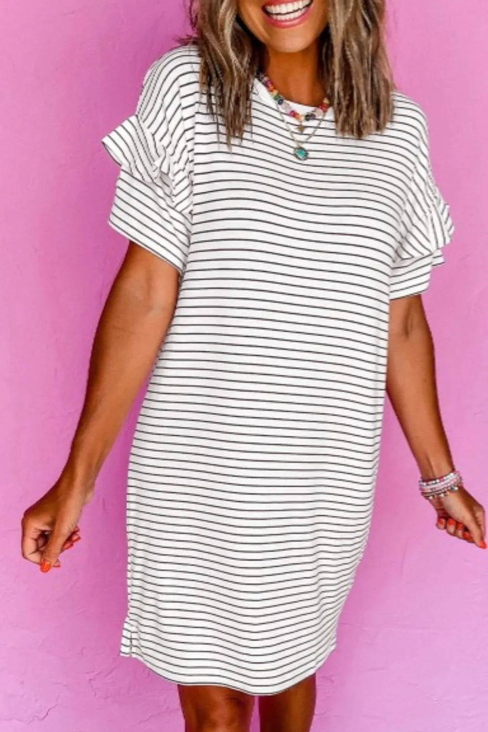 Stripe Round Neck Short Sleeve Mini Dress