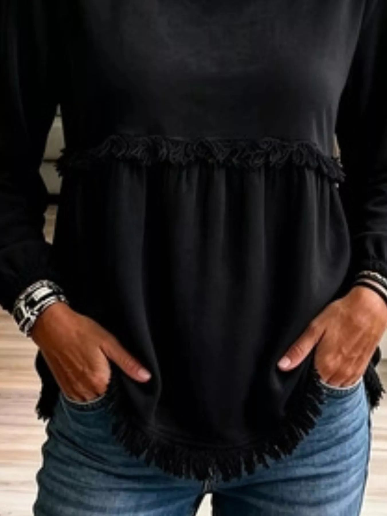 Fringed Hem Long Sleeve T-Shirt