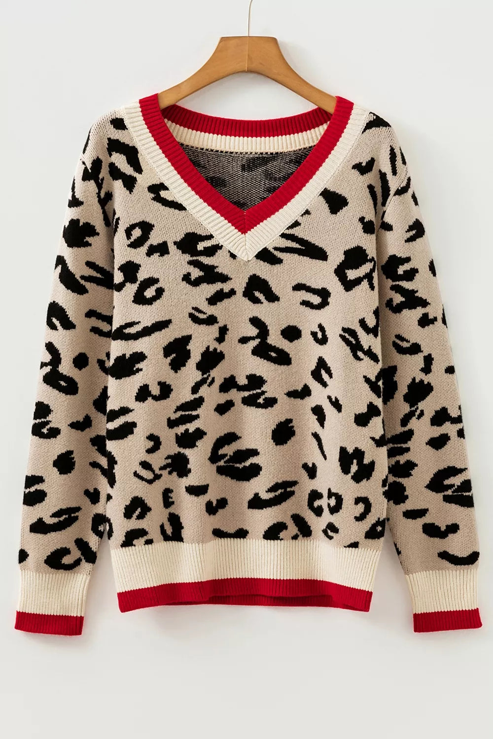 Leopard Pattern V-Neck Contrast Rib Knitted Sweater