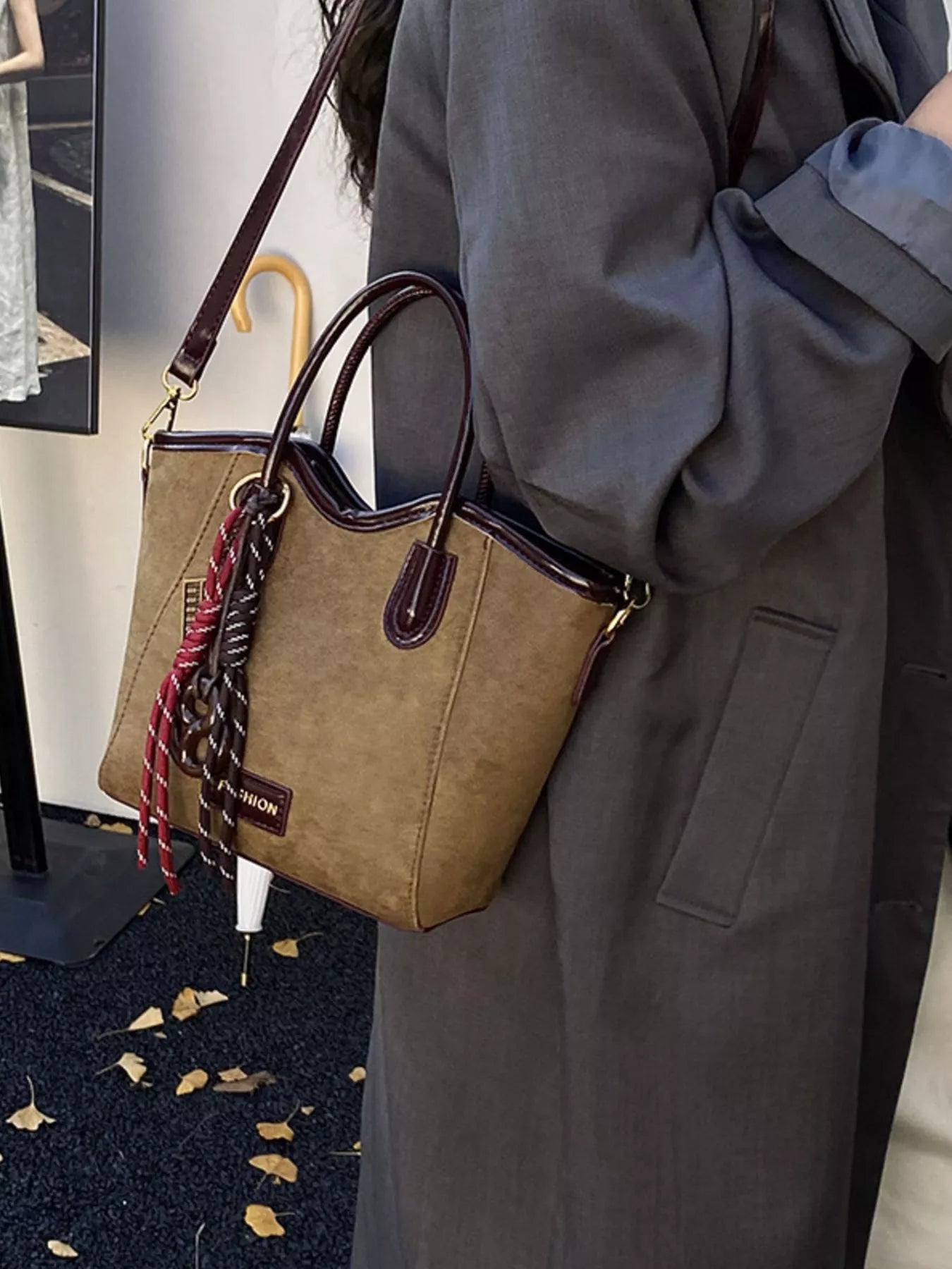 Suede Leather Strap Tote Bag