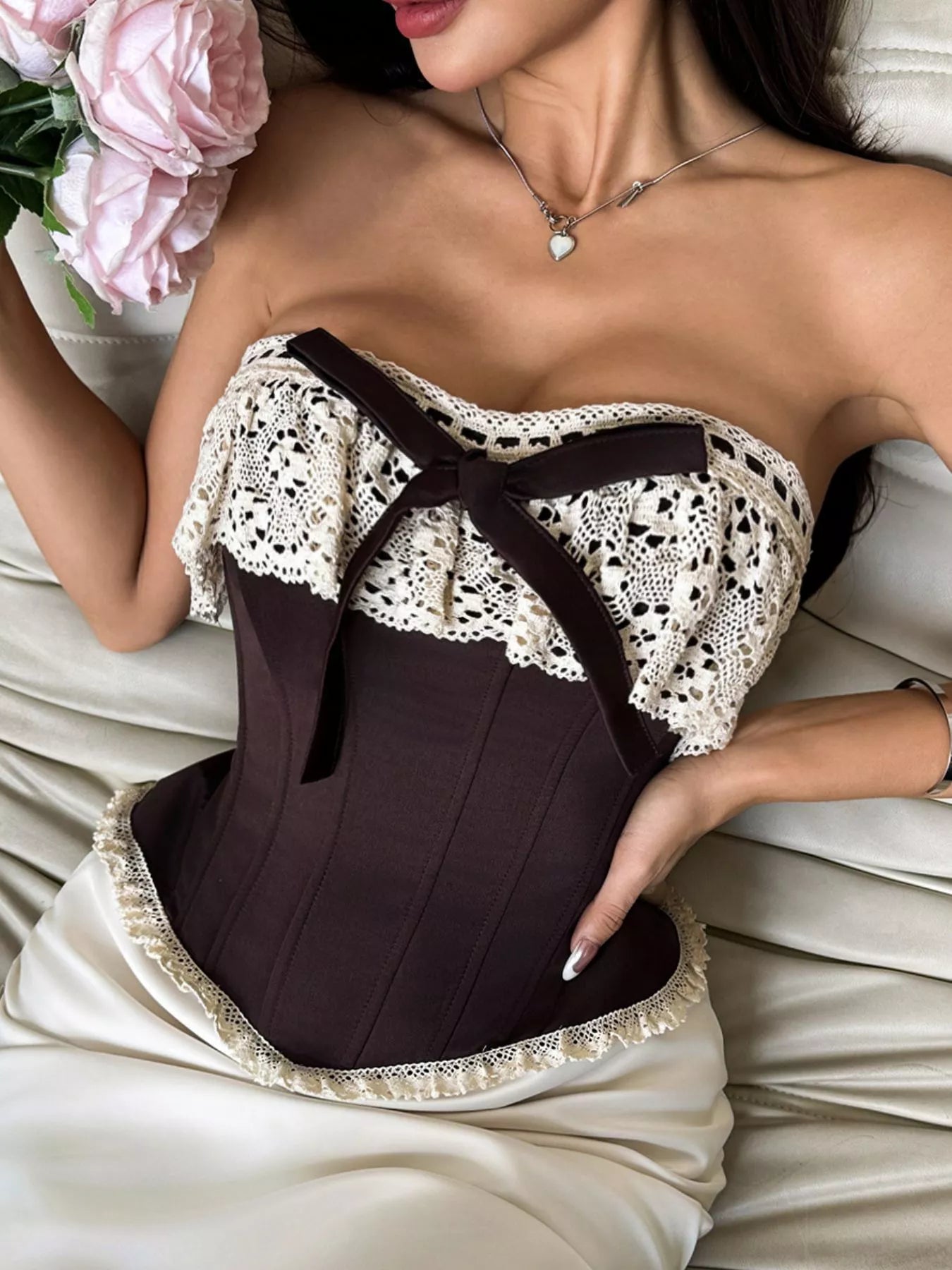 Crochet Lace Strapless Boned Corset Lace‑Up Waist Cincher Tube Top