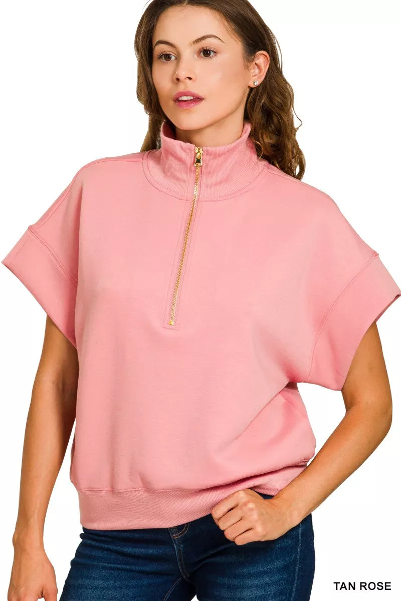 Zenana Full Size Scuba High Neck Half Zip Short Sleeve Top Plus Size