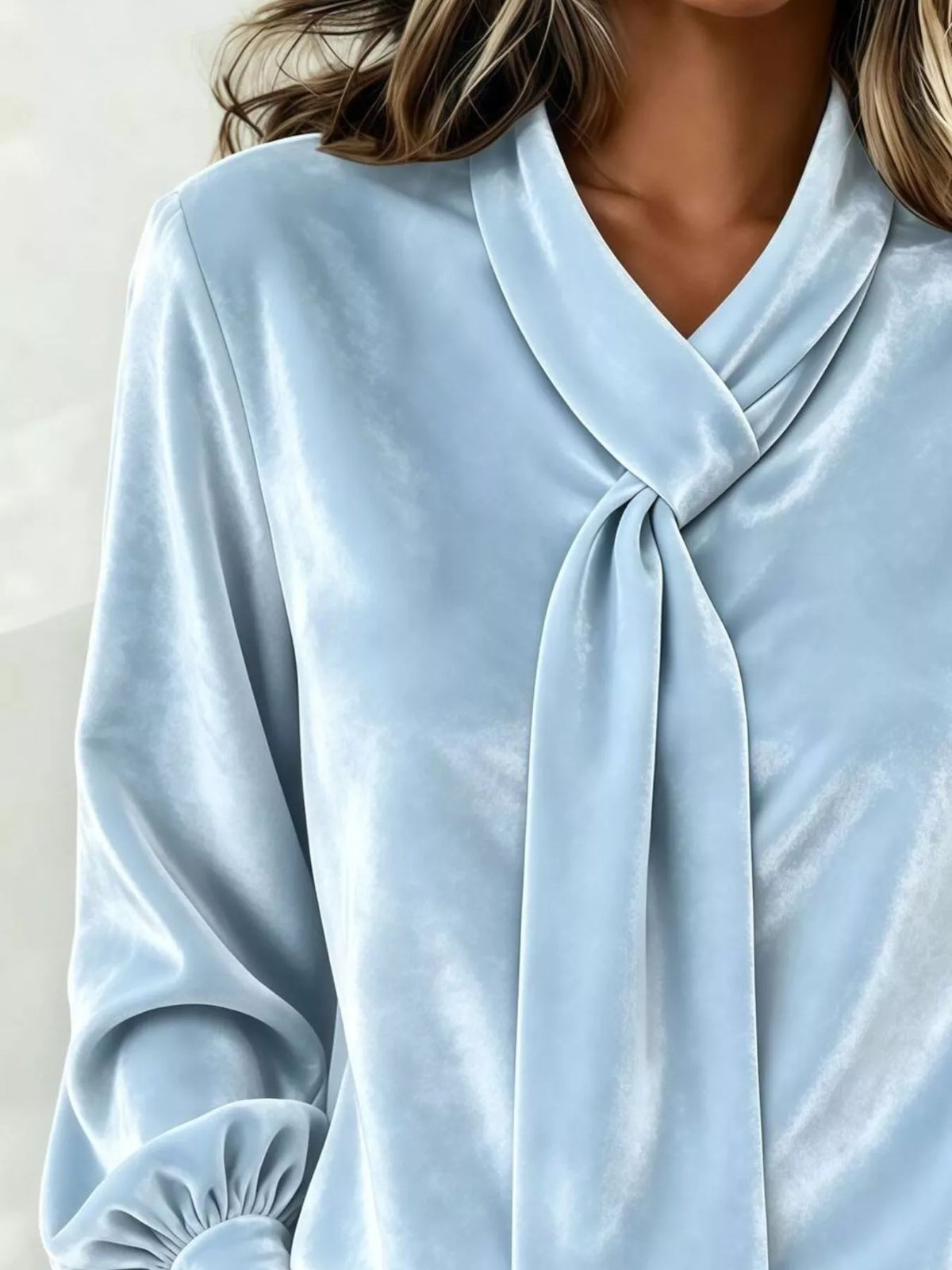Full Size Velvet Tie-Neck Long Sleeve Top Plus Size