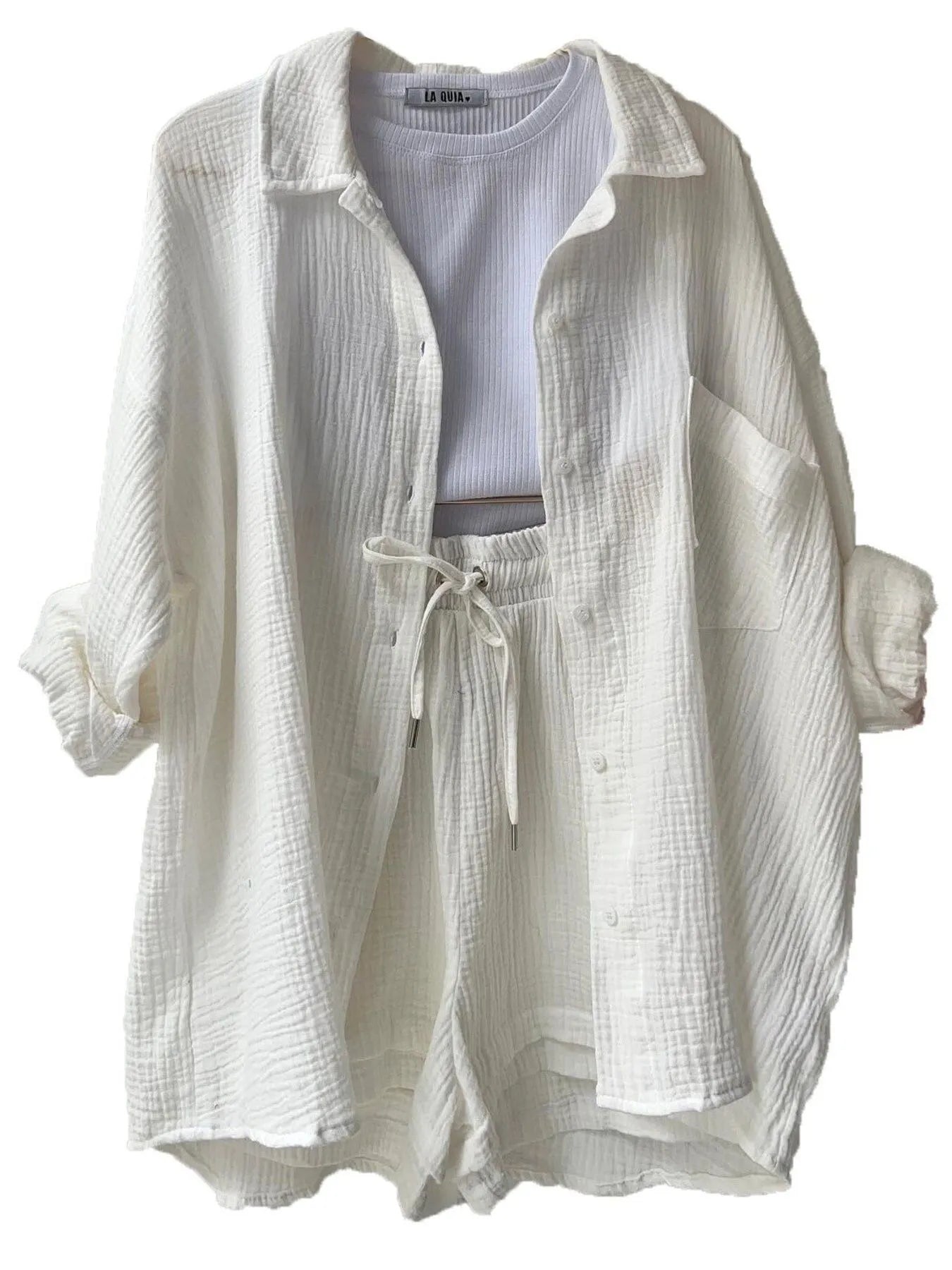 Textured Button Up Shirt and Shorts Set