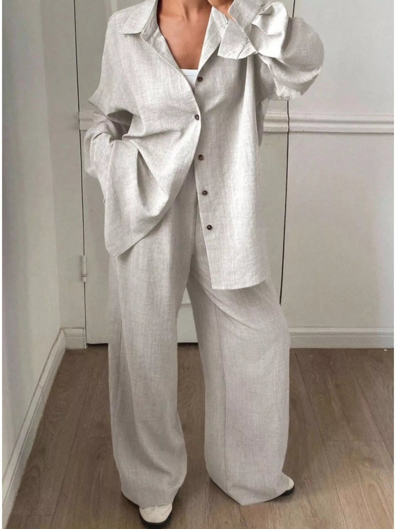 Button-Down Shirt and Wide-Leg Pants Set