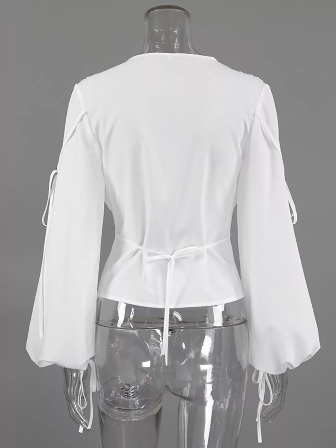 Tied V-Neck Balloon Sleeve Blouse