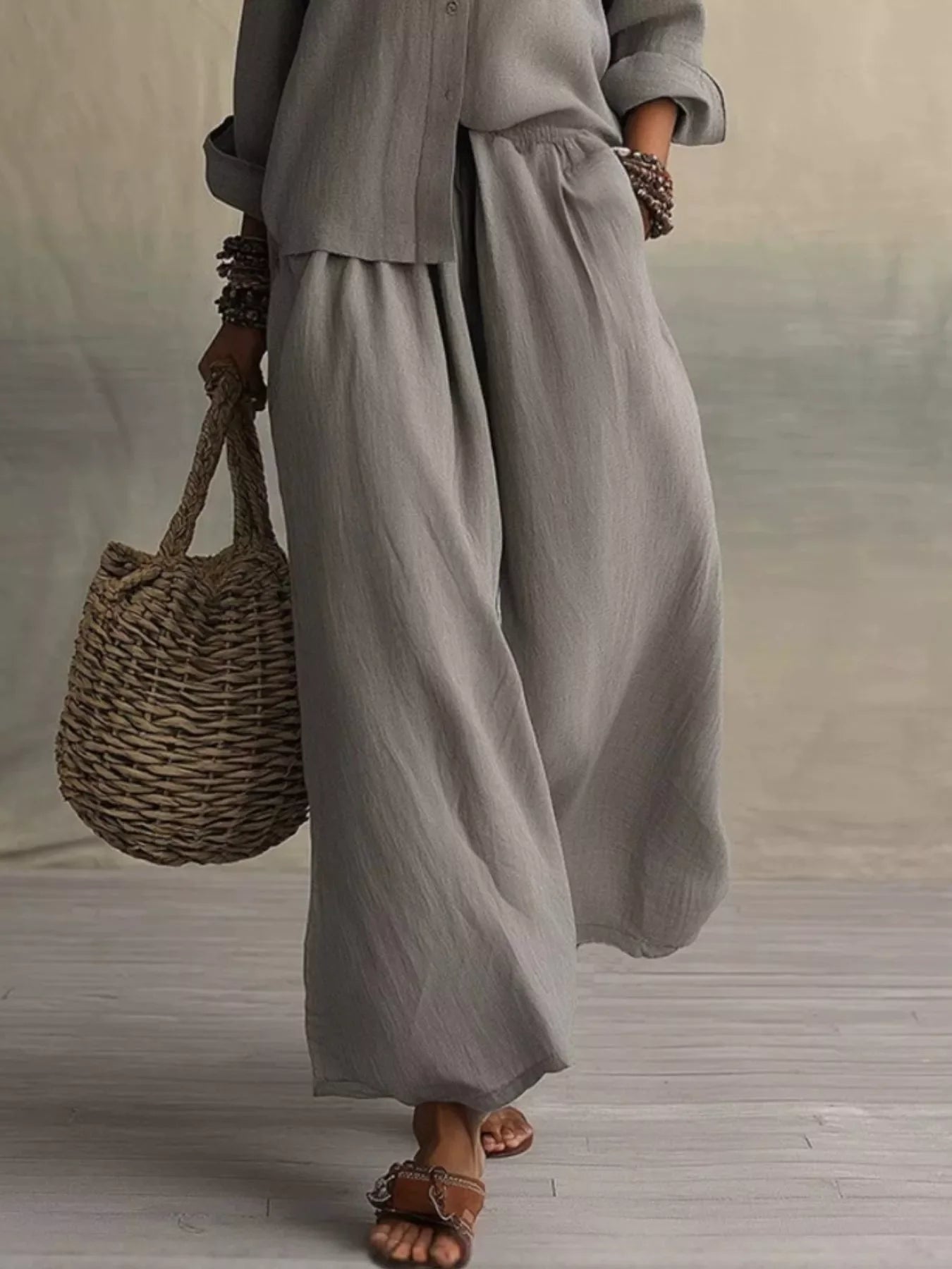 Full Size Button Up Shirt and Wide-Leg Pants Set Plus Size