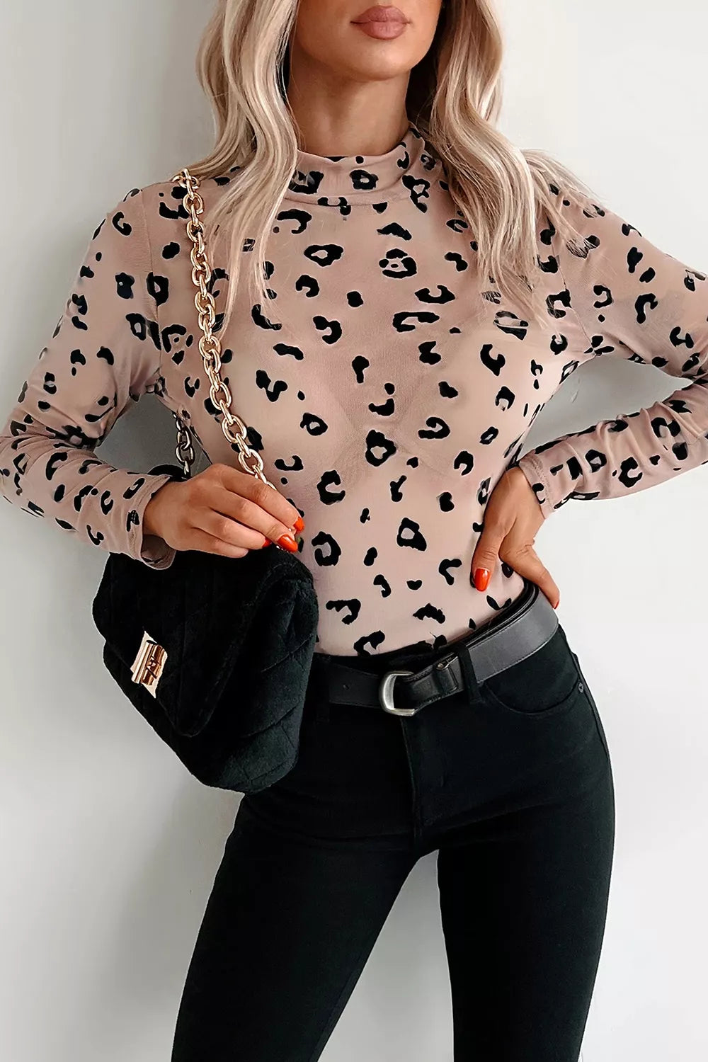 Mock Neck Sheer Mesh Leopard Long Sleeve Bodysuit