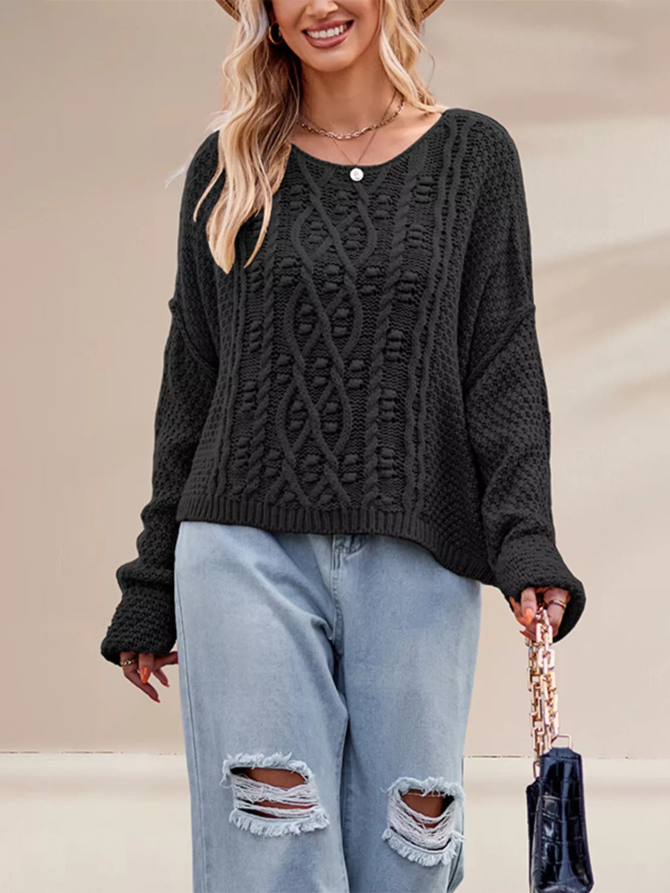 Cable Knit Dropped Shoulder Sweater