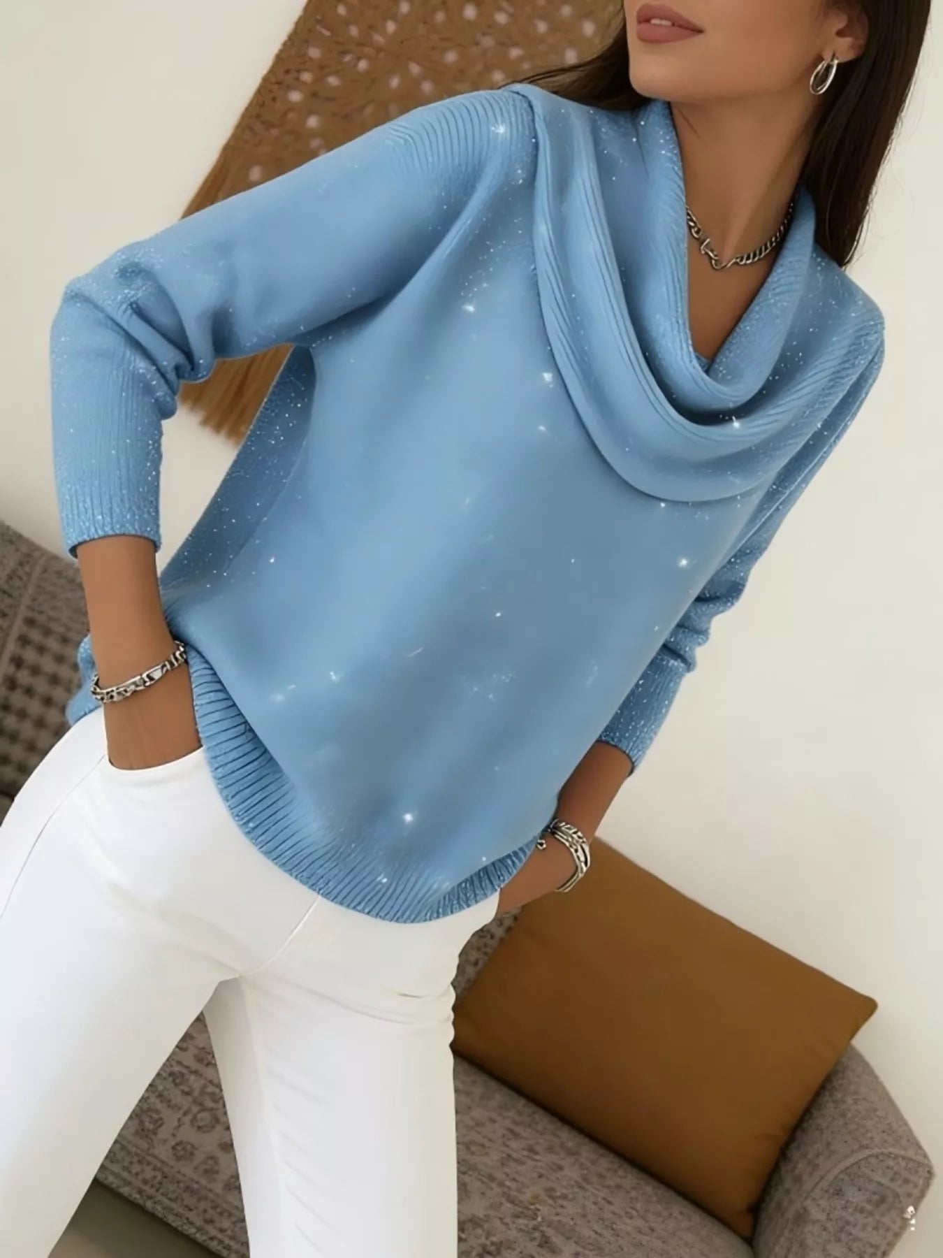 Full Size Solid Color Cowl Neck Sweater Plus Size