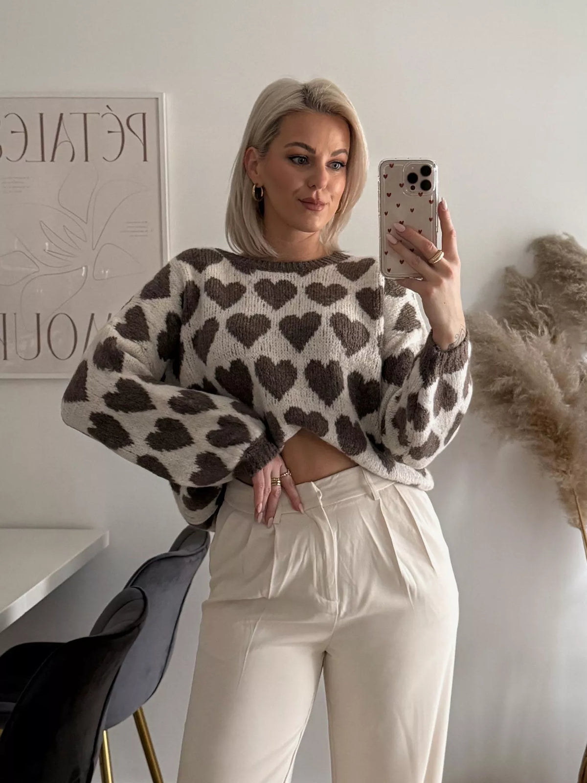 Heart Pattern Dropped Shoulder Sweater
