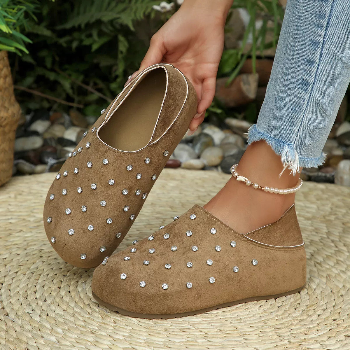 Rhinestone Round Toe Slip-Ons