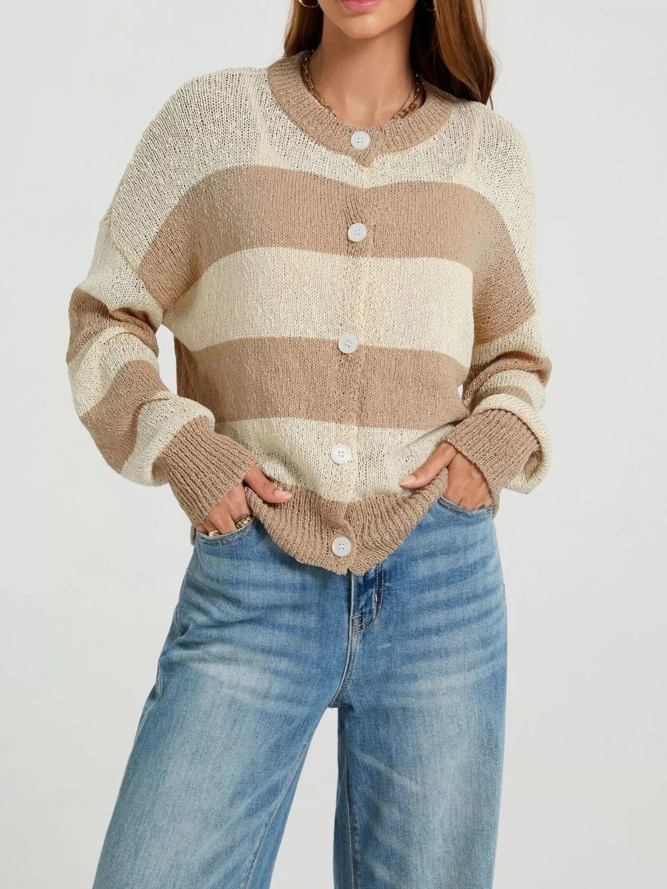 Casual Striped Button-Down Knit Cardigan