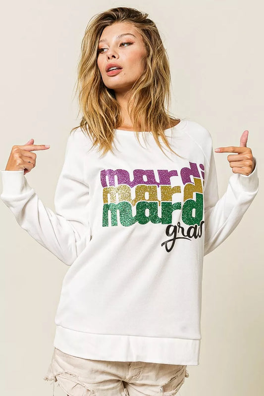 BiBi Mardi Gras Glitter Lettering Sweatshirt