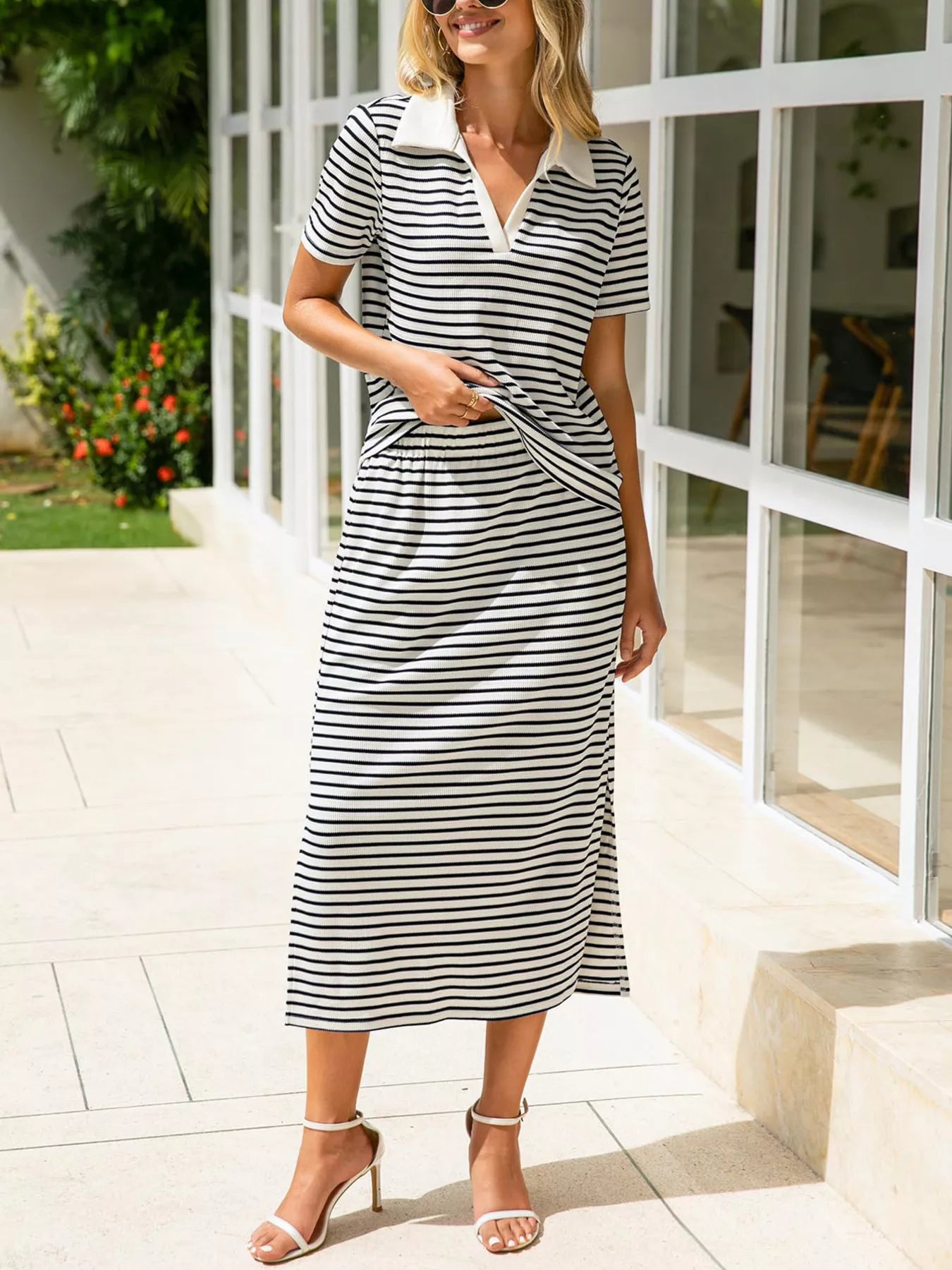Striped Polo Collar Top and Slit Skirt Two-Piece Set