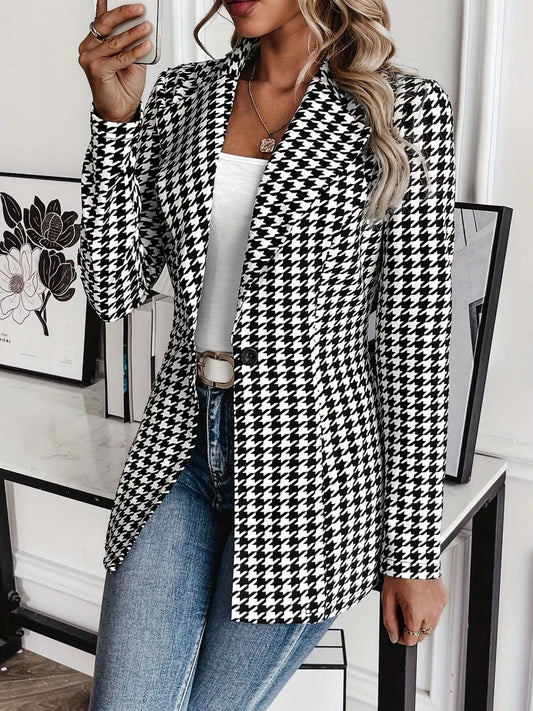 Houndstooth Print Lapel Collar Blazer