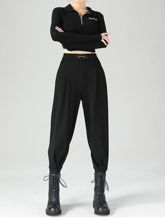 High-Waisted Buckle Detail Tapered Pants