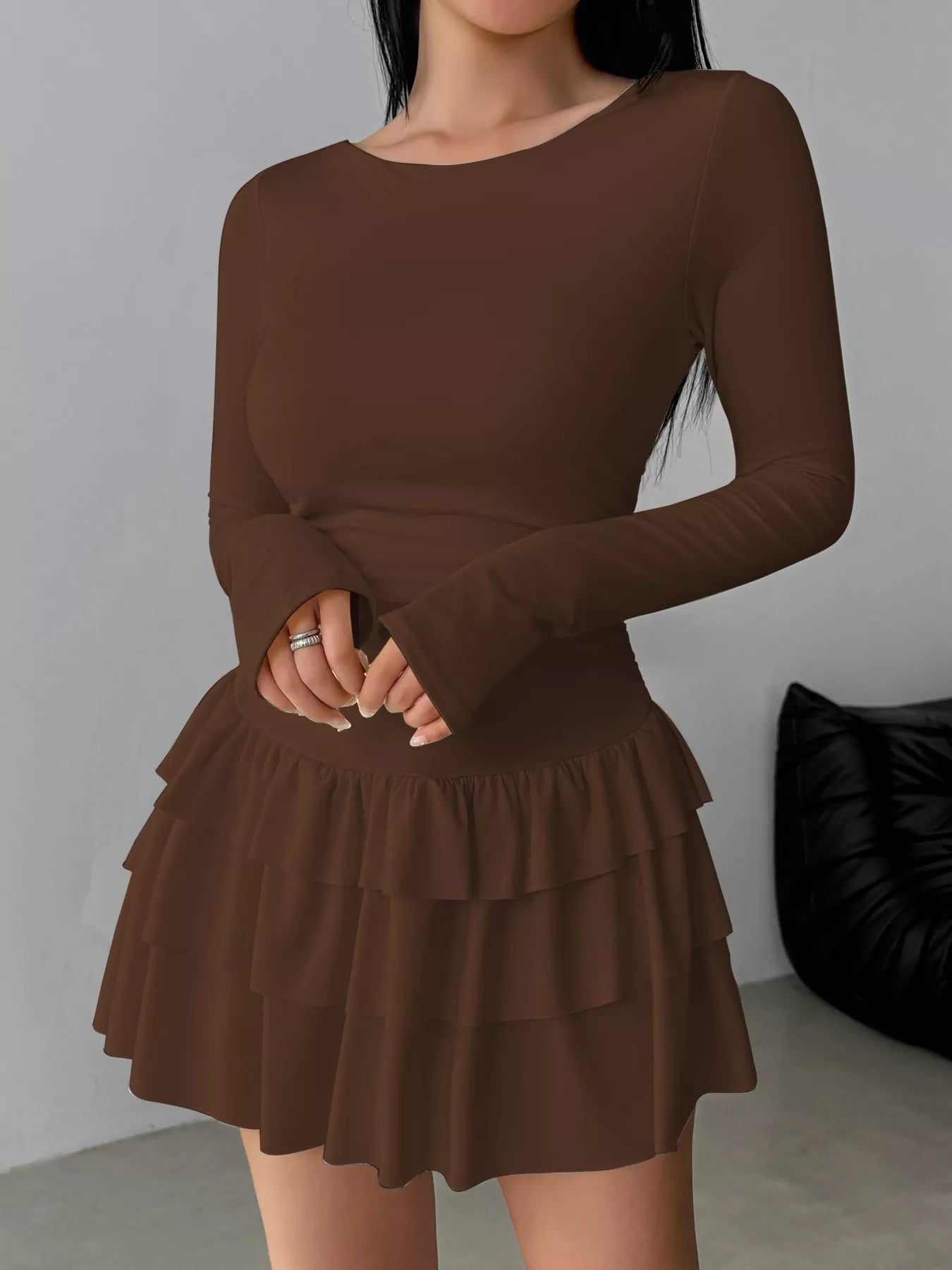 Ruched Long Sleeve Layered Ruffle Mini Dress