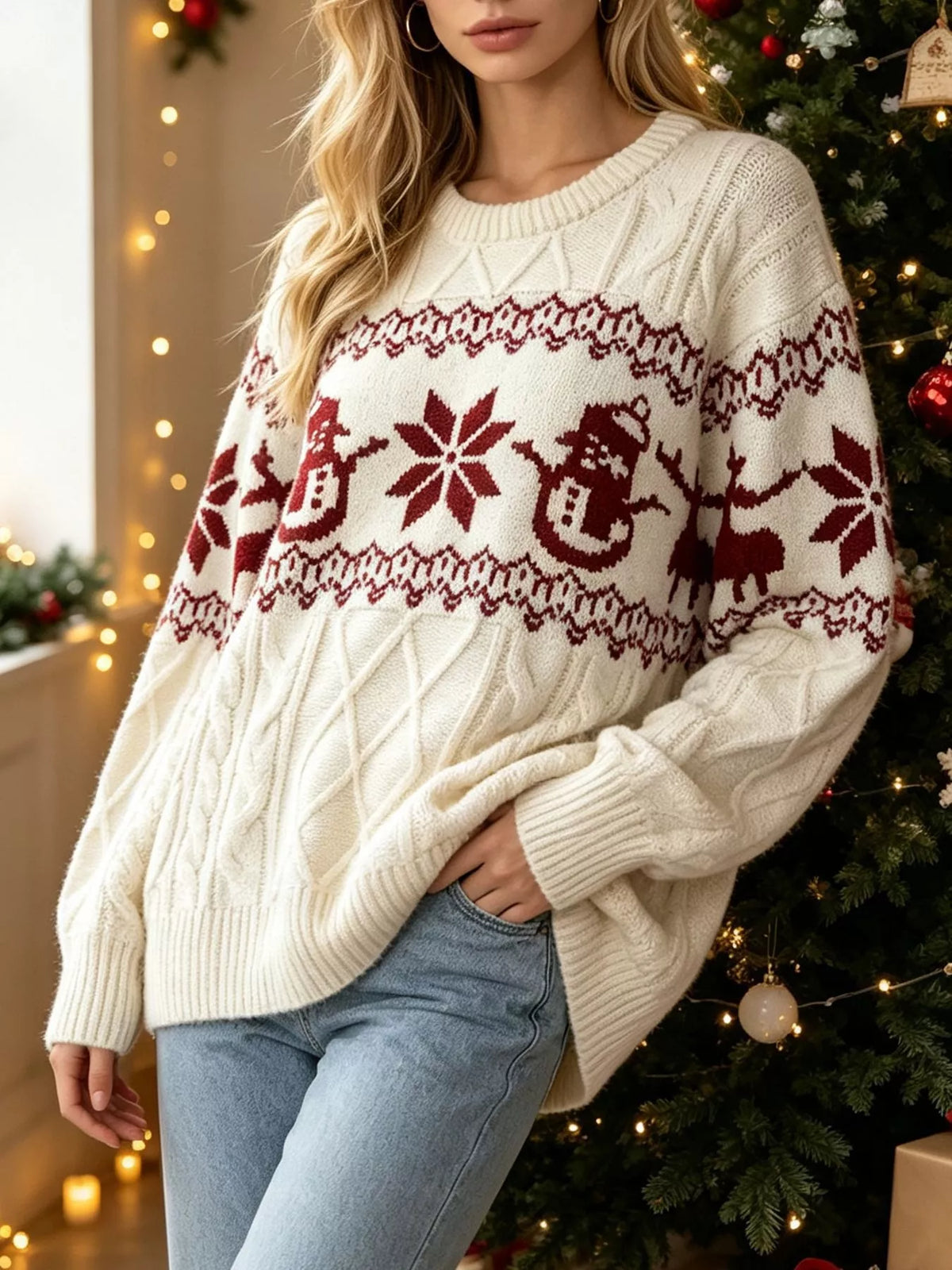 Christmas Snowman Pattern Cable Knit Sweater