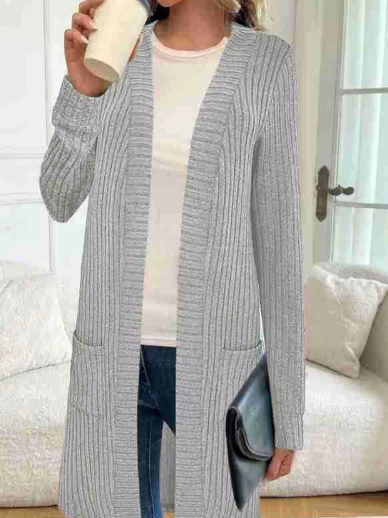 Ribbed Knit Open Front Cardigan