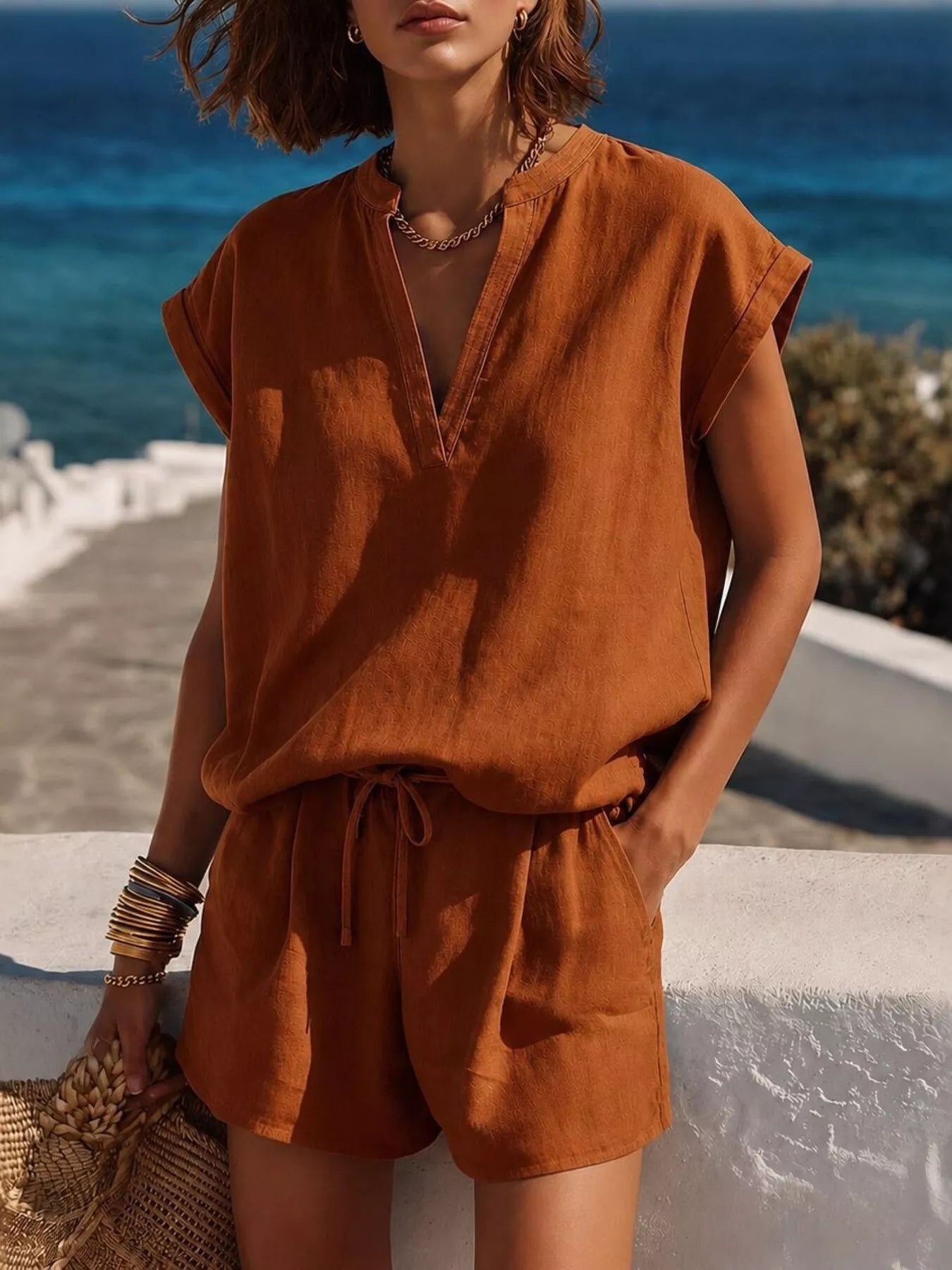 Notched Short Sleeve Top and Shorts Set