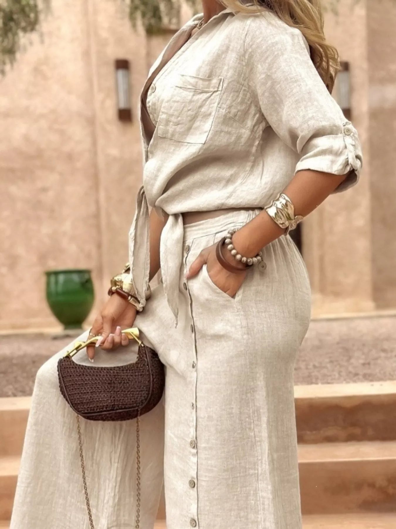 Full Size Button Up Shirt and Wide-Leg Pant Set Plus Size