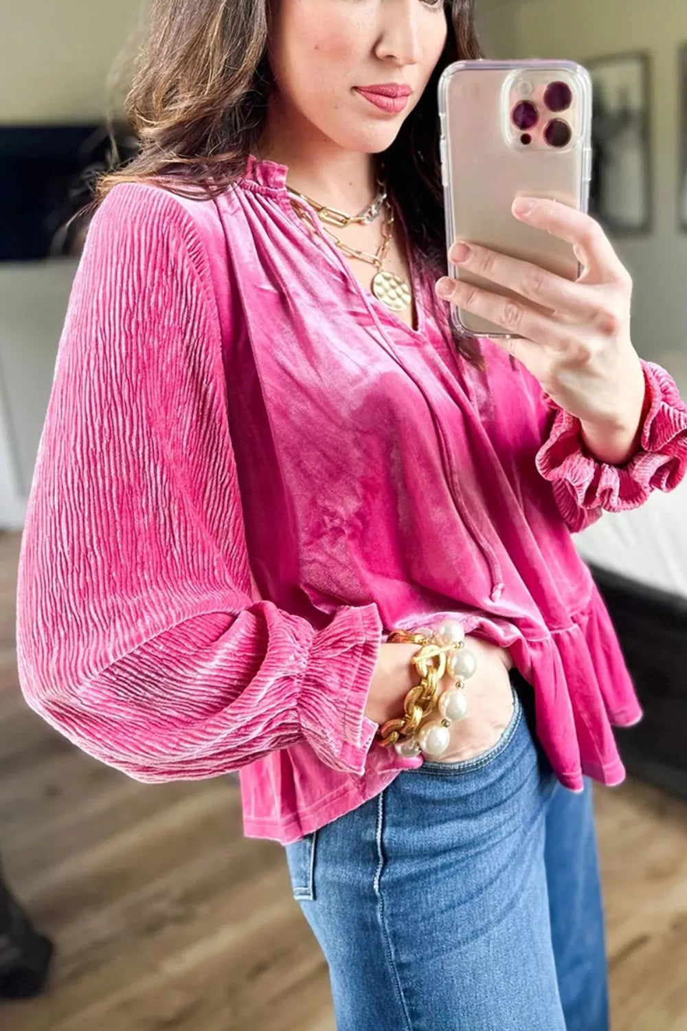 V Neck Velvet Ruffled Cuffs Hem Long Sleeve Top