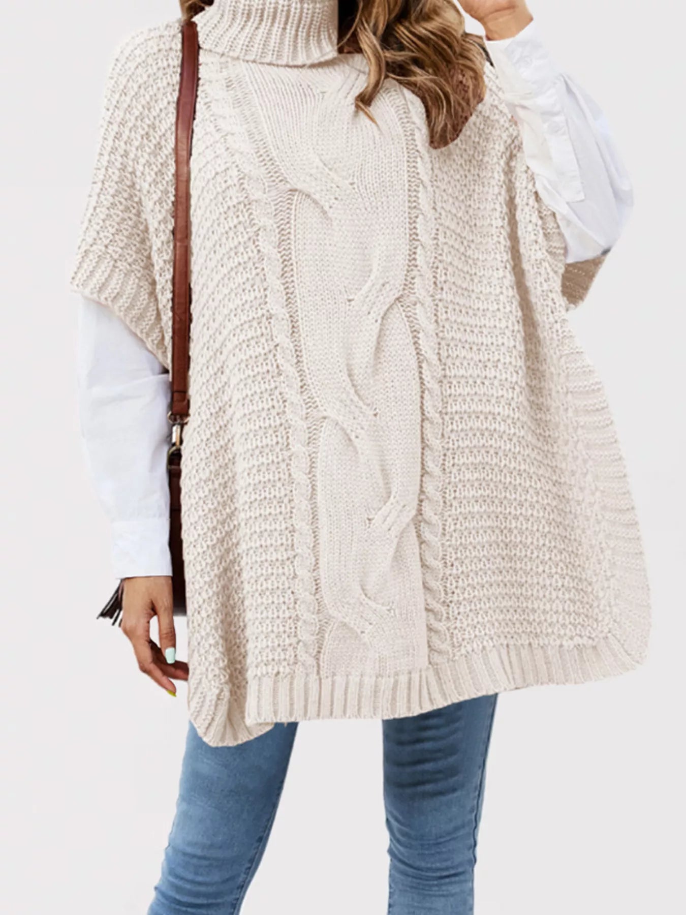 Turtleneck Cable-Knit Short Sleeve Oversized Sweater