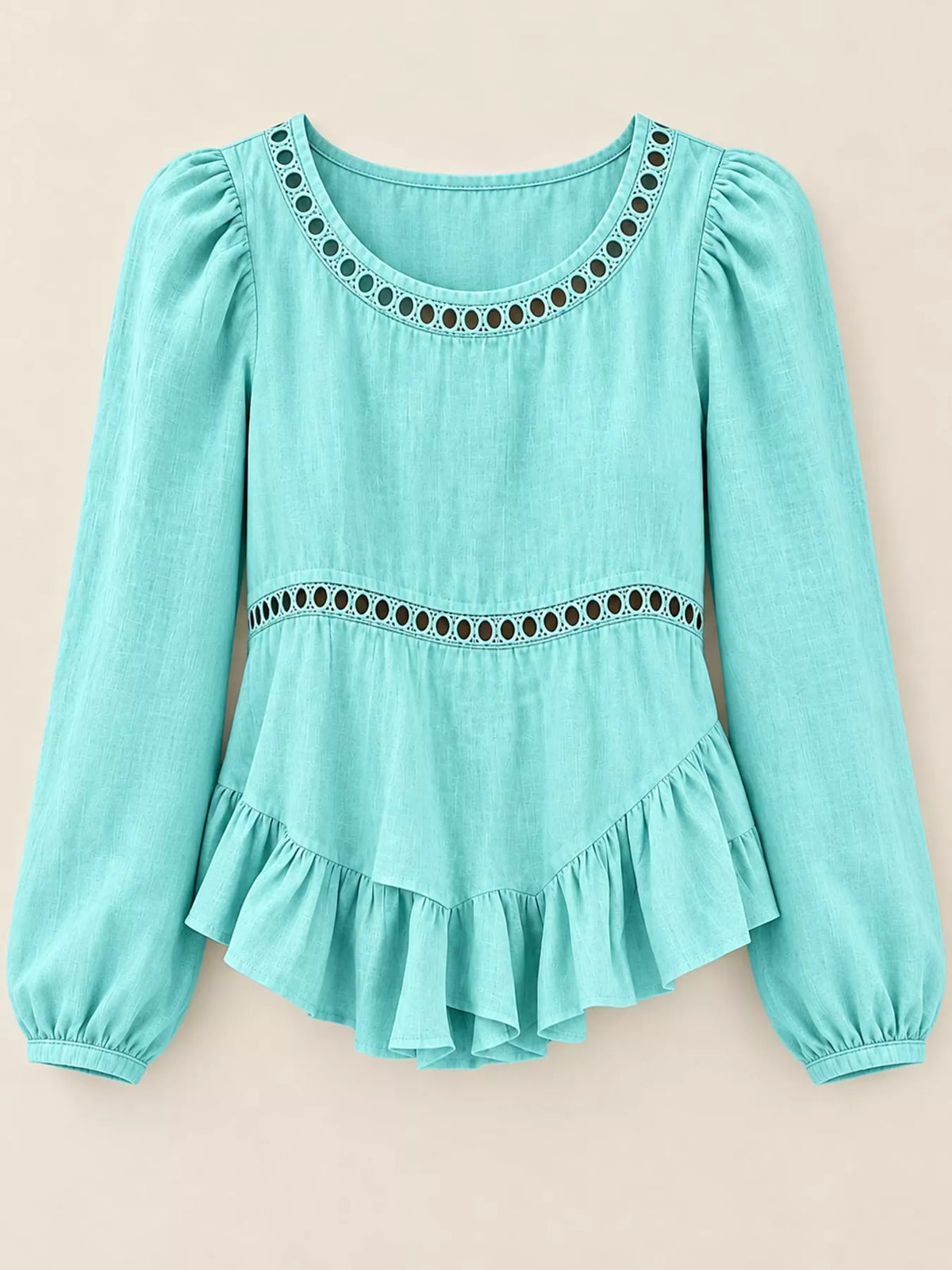 Long Sleeve Blouse with Eyelet Lace Trim and Ruffled Hem