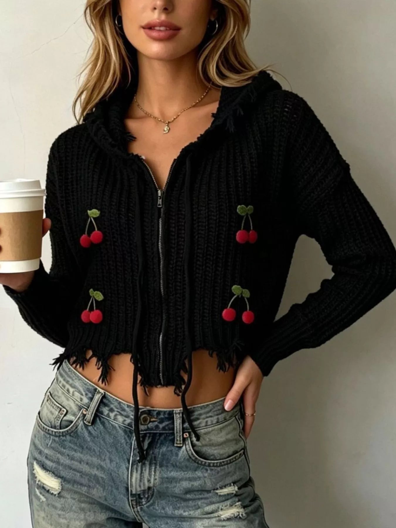 Cherry Knit Zip-Up Hooded Sweater