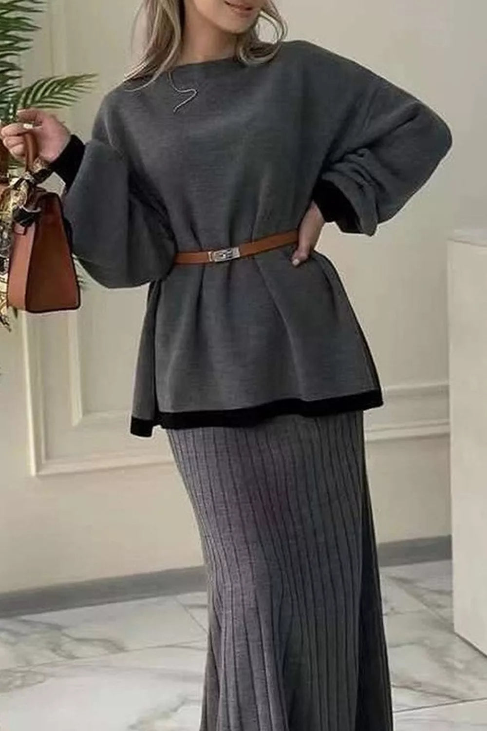 Contrast Trim Ribbed Knit Sweater and Skirt Set